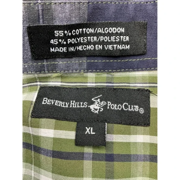 Beverly Hills Polo Club Plaid Button Down Shirt XL Green Navy Long Sleeve - Picture 2 of 11